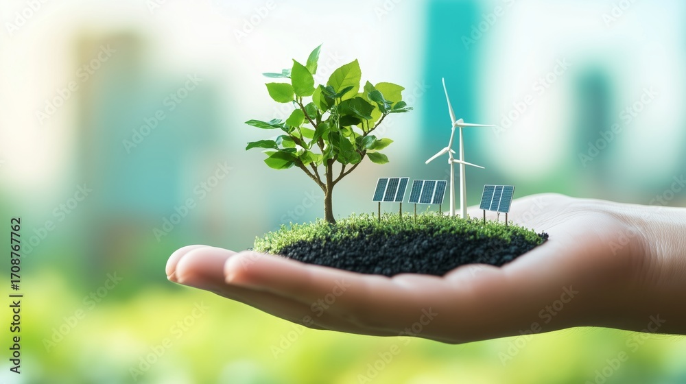 custom made wallpaper toronto digitalSustainable energy model with wind turbines and solar panels held in hand