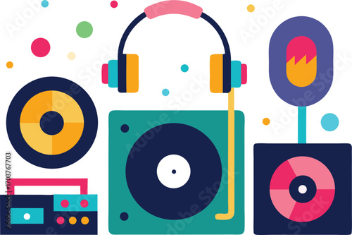 Vibrant dj and party elements vector bundle turntables headphones speaker microphone and cassette player