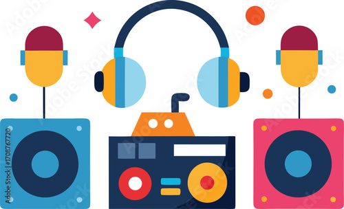 Dj turntables headphones speakers music party equipment vector illustration icon