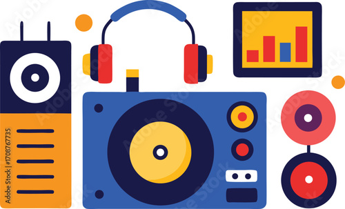 Dj music equipment turntables headphones speaker records vector illustration for parties and events
