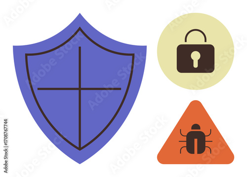 Shield icon for security, lock for protection, and bug for potential threat highlight cybersecurity essentials. Ideal for safety, malware protection, antivirus software, encryption, network security