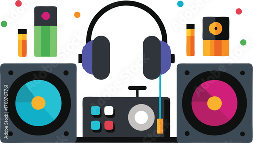 Dj turntables headphones speakers and music gear vector illustration bundle