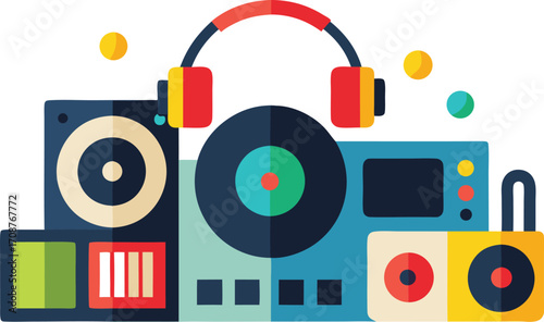 Vibrant dj and party elements bundle turntables headphones music vector illustration