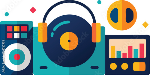 Vibrant dj turntables headphones music mixer vector graphic bundle for parties