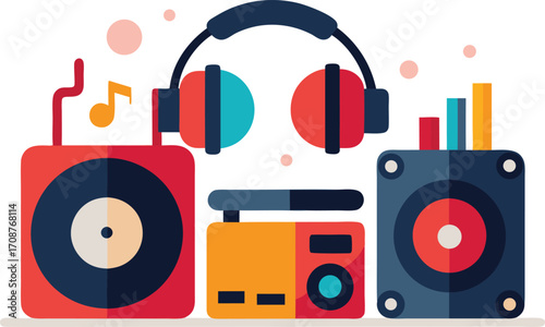 Dj party elements bundle vector turntables headphones radio music notes illustration eps