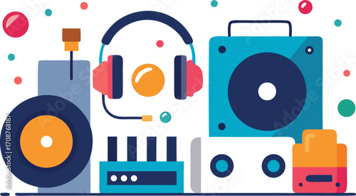 Vector dj and party elements bundle turntables headphones speaker music icon set