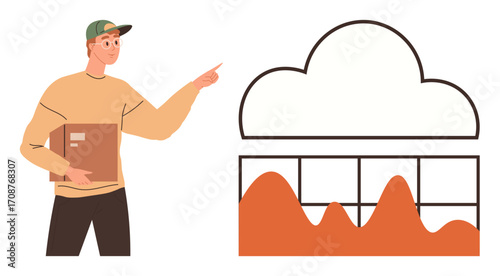 Person holding box gestures toward a cloud-shaped graph showing fluctuating lines over a segmented grid. Ideal for data analysis, logistics, technology, cloud storage, delivery services, business