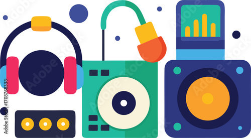 Dj turntables headphones speaker music party elements vector illustration eps