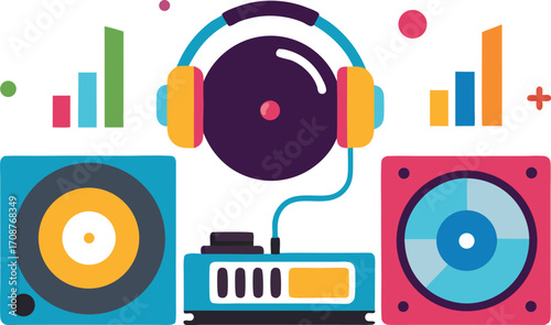 Dj party elements bundle vector illustration turntables headphones speakers music icon