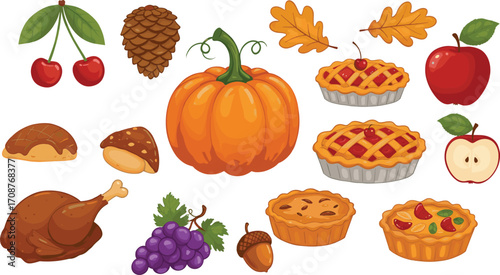 Autumn harvest illustration with pumpkin, roasted turkey, cherry pie, grapes, acorns, mushrooms, apple, and fall leaves, festive thanksgiving food vector set