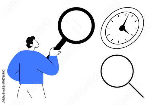 Person holding magnifying glass examining clock face, symbolizing careful evaluation, focus, and time management. Ideal for productivity, insight, analysis, planning, research precision simple flat