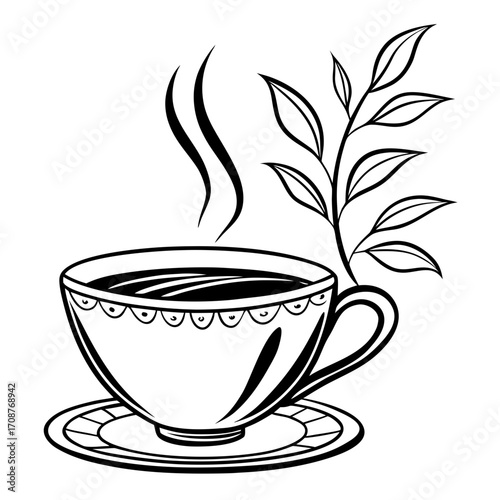 A charming black and white illustration of a steaming cup of tea on a saucer accompanied by a sprig of tea leaves evoking warmth and natural refreshment