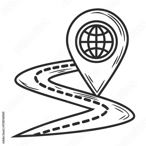 A hand drawn sketch of a winding road leading to a location pin with a globe inside symbolizing global travel and navigation
