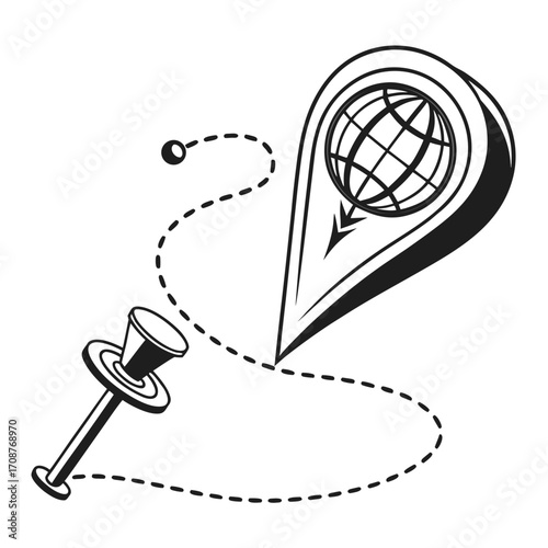 A stylized black and white illustration depicting a pushpin marking a location on a global map with a dashed line indicating a route or journey