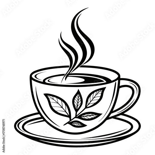 A stylized black and white line art illustration of a steaming cup of tea adorned with a delicate tea leaf branch design presented on a matching saucer perfect for beverage branding and cafe decor