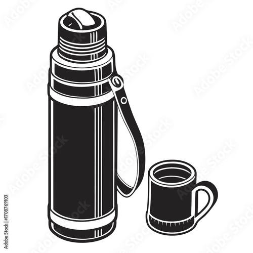 A black and white illustration of a vintage style thermos bottle with a carrying strap and a matching mug perfect for outdoor adventures or travel