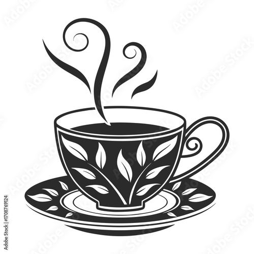 A stylized black and white illustration of a steaming teacup and saucer adorned with a delicate leaf pattern perfect for beverage branding and cafe decor