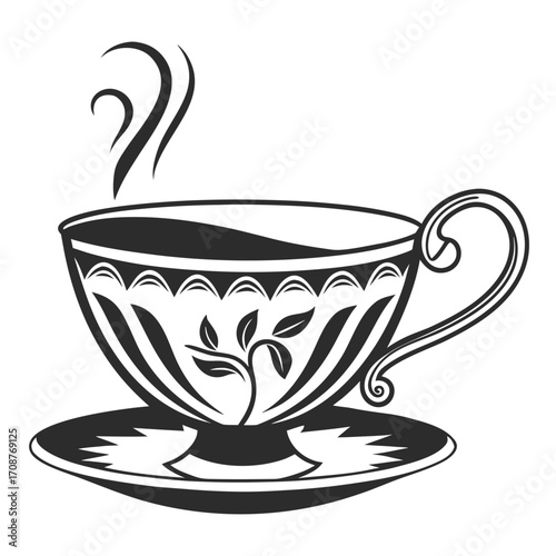Elegant black and white illustration of a steaming teacup with ornate floral design on a saucer perfect for beverage and cafe themes