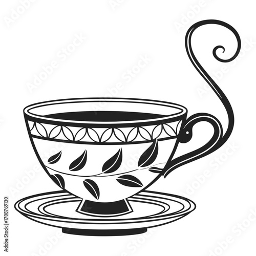 Elegant black and white illustration of a vintage teacup and saucer adorned with delicate leaf patterns and a decorative swirling handle perfect for tea time themes