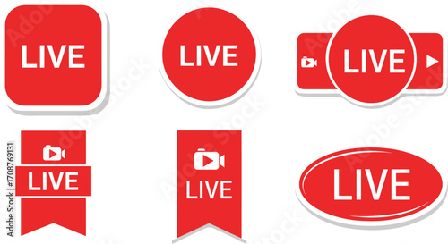 Live Stream Stickers: A collection of modern, vibrant red and white stickers and logos featuring the word LIVE, perfectly suited for streaming content or digital media.
