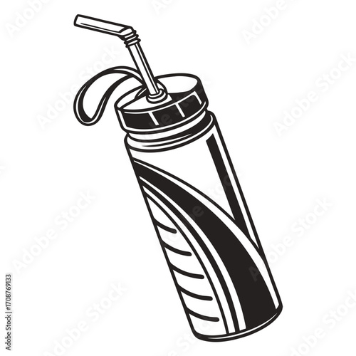 A stylized black and white illustration of a reusable water bottle with a straw and a loop for carrying perfect for fitness and hydration concepts