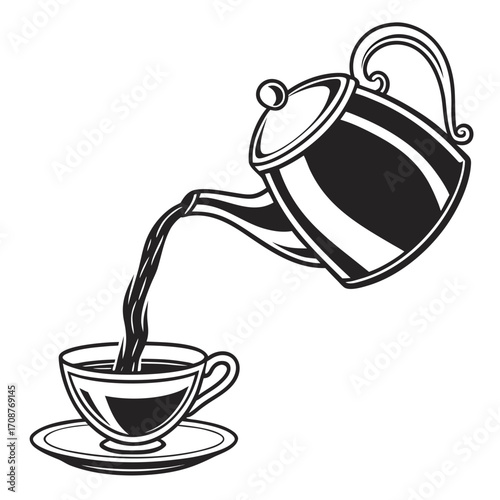 A stylized black and white illustration of a teapot pouring a stream of dark liquid into a cup and saucer representing coffee or tea being served