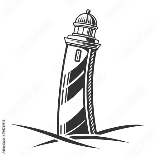 A stylized black and white illustration of a leaning lighthouse with bold stripes standing in choppy water representing guidance and maritime navigation