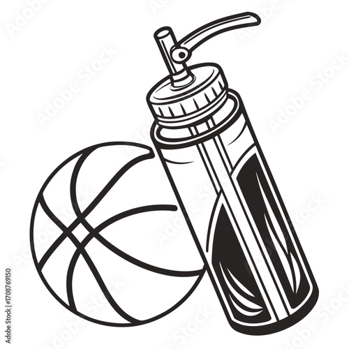 A black and white illustration of a basketball next to a sports water bottle with a straw representing hydration and athletic activity