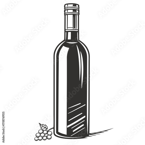 A classic black and white illustration of a wine bottle with a small bunch of grapes and a leaf at its base perfect for beverage and culinary themes