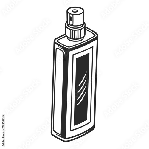 A minimalist black and white illustration of a rectangular bottle with a spray nozzle perfect for representing personal care products or fragrances