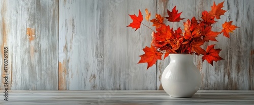 Bright Autumn Leaves in a White Vase on a Wooden Table Against a Rustic Backd...