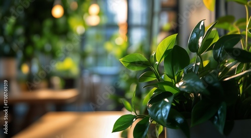 Lush Greenery Fills a Bright Indoor Space With Natural Light During Afternoon...