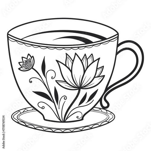 Elegant black and white line art illustration of a teacup and saucer adorned with delicate lotus flowers and swirling floral motifs perfect for design projects