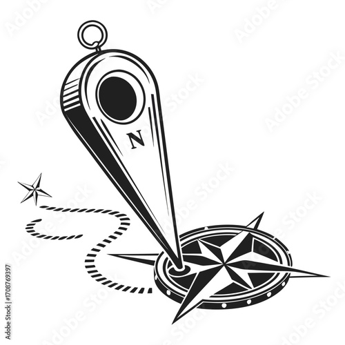 Nautical compass rose and vintage navigational instrument with a rope trail indicating direction and exploration on a white background