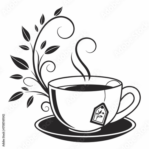 A black and white illustration of a steaming cup of tea with a tea bag and a decorative floral vine on a saucer perfect for beverage branding and design