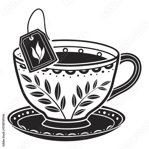 Elegant black and white illustration of a teacup with a tea bag and decorative floral pattern on a saucer perfect for beverage and lifestyle themes