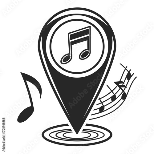 A stylized black and white graphic illustration of a location pin icon with musical notes and a sound wave symbol representing a music destination or event