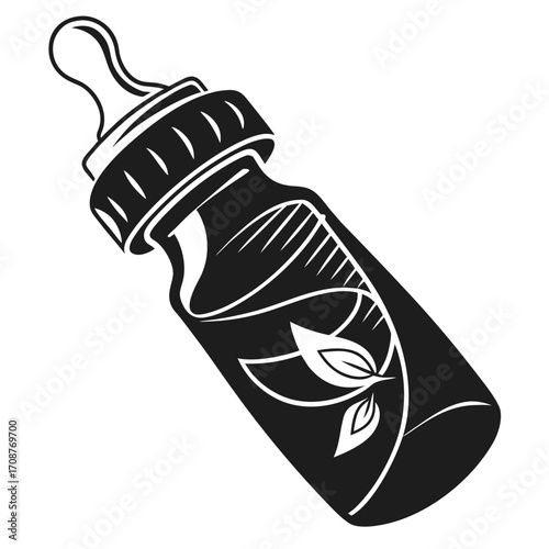 Stylized black and white illustration of a baby bottle with a leaf design inside representing natural nourishment and healthy feeding for infants