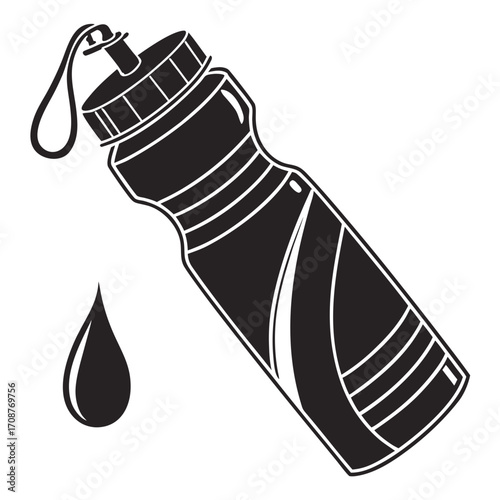 Black and white illustration of a sports water bottle with a drop of water falling from its spout symbolizing hydration and fitness