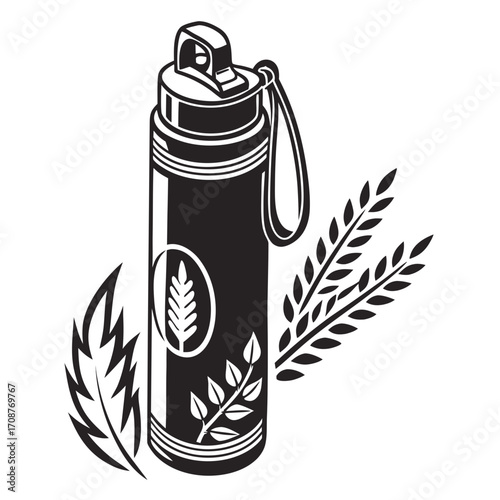 Black and white illustration of a reusable water bottle with a wheat stalk emblem and surrounding foliage symbolizing natural hydration and healthy living