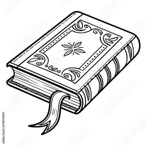 A beautifully illustrated black and white line drawing of an antique hardcover book with a decorative cover and a ribbon bookmark perfect for representing knowledge and literature