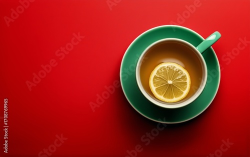 Warm Lemon Tea in a Green Cup on a Bright Red Table for a Cozy Moment.