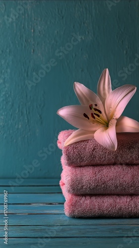 Soft Pink Towels Stacked With a Blooming Lily on a Blue Wooden Background
