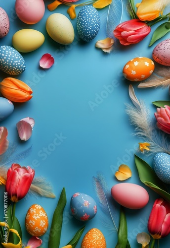 Colorful Easter Eggs and Spring Flowers Arranged on a Blue Background for Fes...