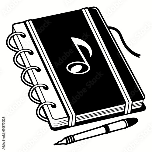 A black and white illustration of a spiral bound notebook with a musical note symbol on its cover accompanied by a pen representing music composition and songwriting