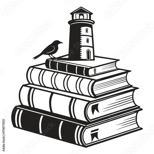 A black and white illustration of a stack of books with a lighthouse on top and a bird perched on the side symbolizing knowledge and guidance