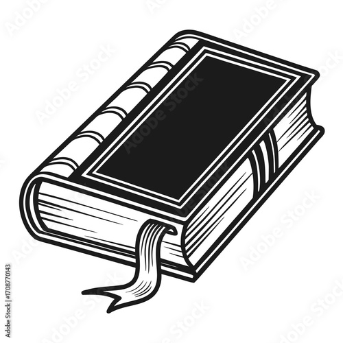 A classic black and white illustration of a closed book with a ribbon bookmark protruding from its pages presented on a clean white background