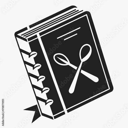 A stylized black and white illustration of an open cookbook with crossed spoons and a ribbon bookmark representing culinary inspiration and recipes