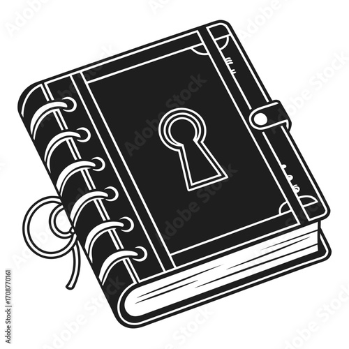 A stylized graphic illustration of an old locked book with a keyhole symbol on its cover tied shut with a ribbon representing secrets and mystery