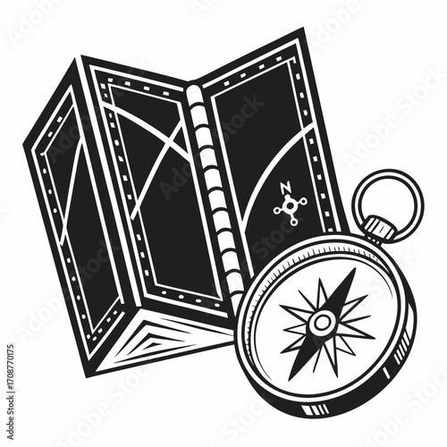 A stylized black and white illustration of an open map with a compass pointing north symbolizing travel and exploration